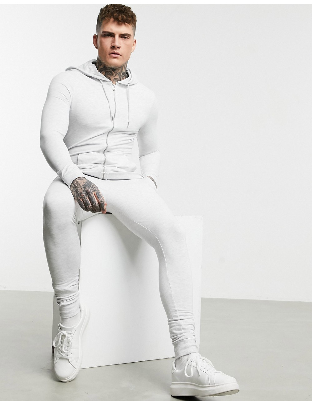 ASOS DESIGN organic muscle tracksuit with zip up hoodie in white marl