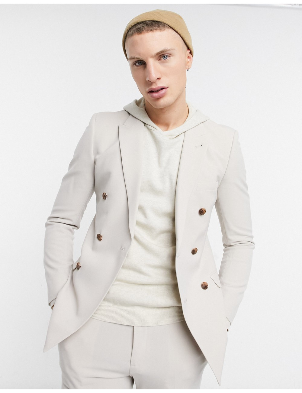 ASOS DESIGN super skinny double breasted suit jacket in stone