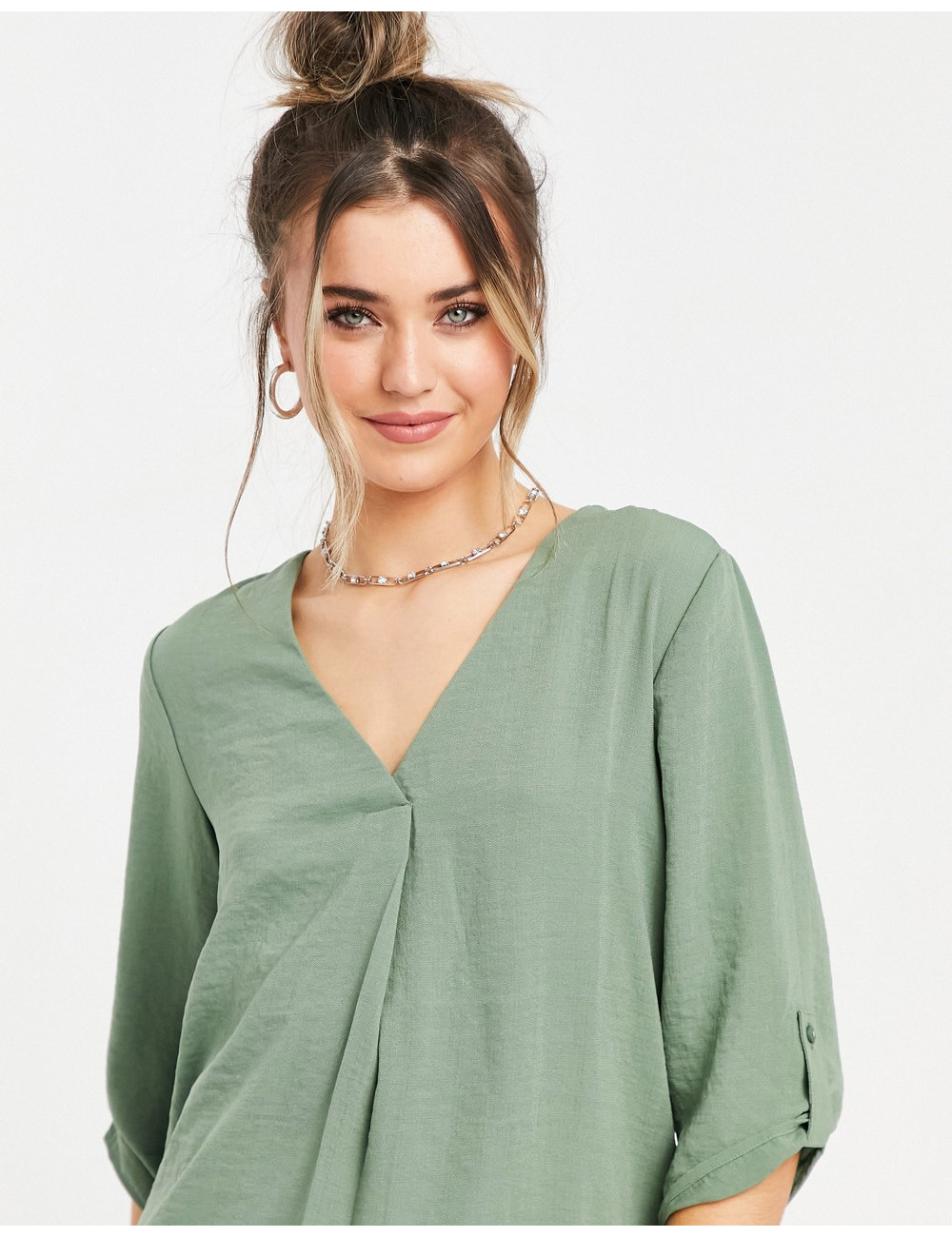 JDY V neck blouse in green