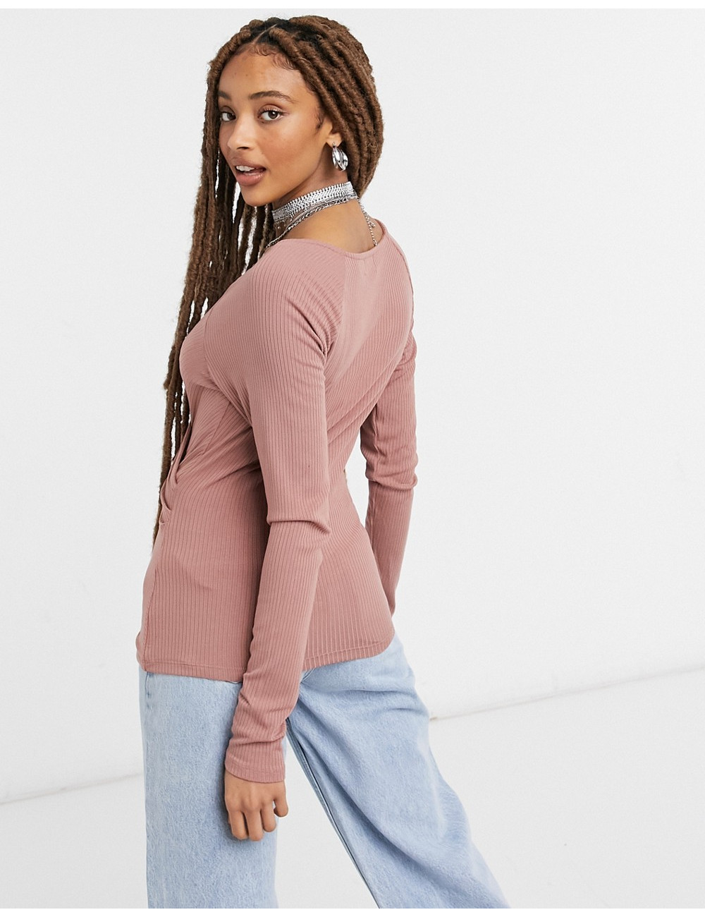 NA-KD ribbed wrap top in pink
