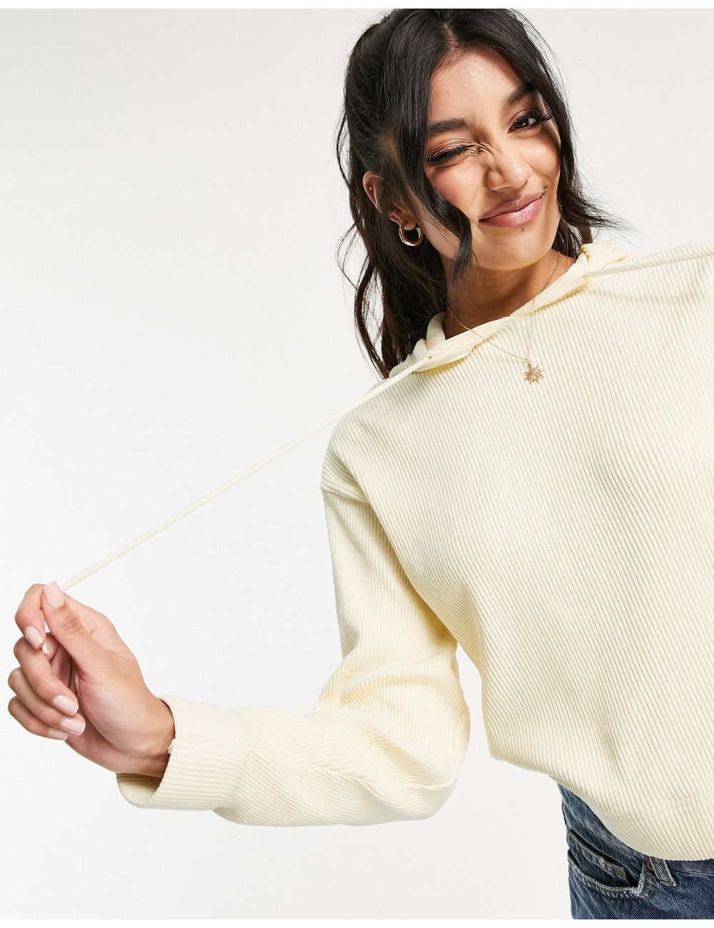 Pieces ribbed hoodie in cream