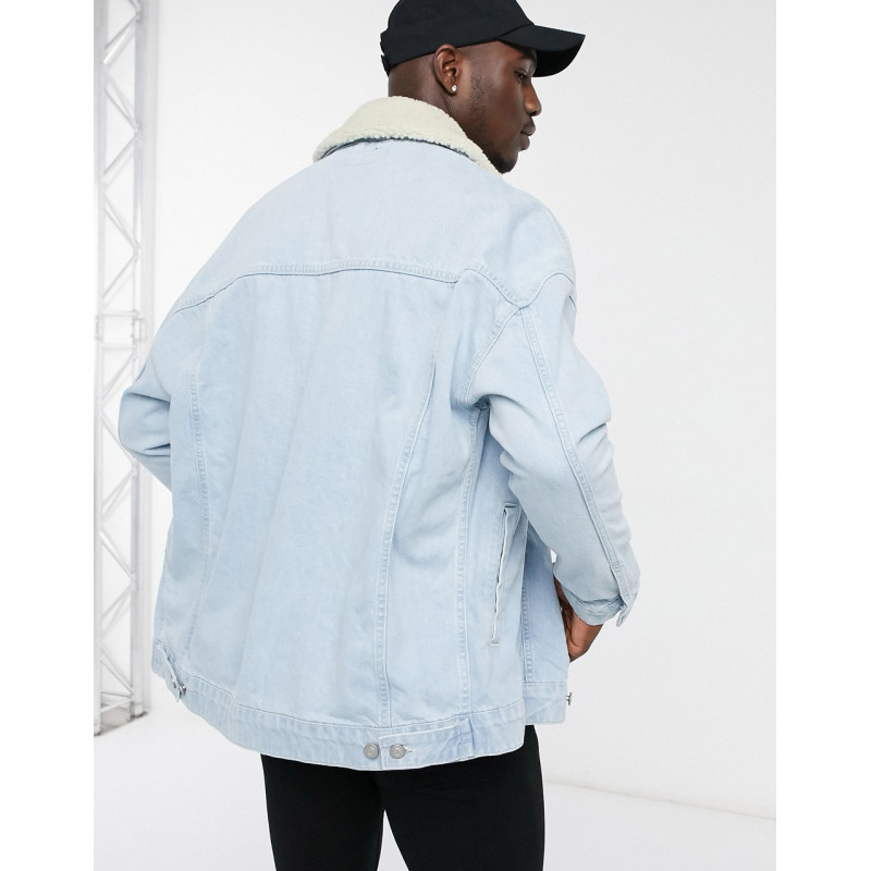 ASOS Denim Jacket With Patches & Borg Collar In Blue Wash