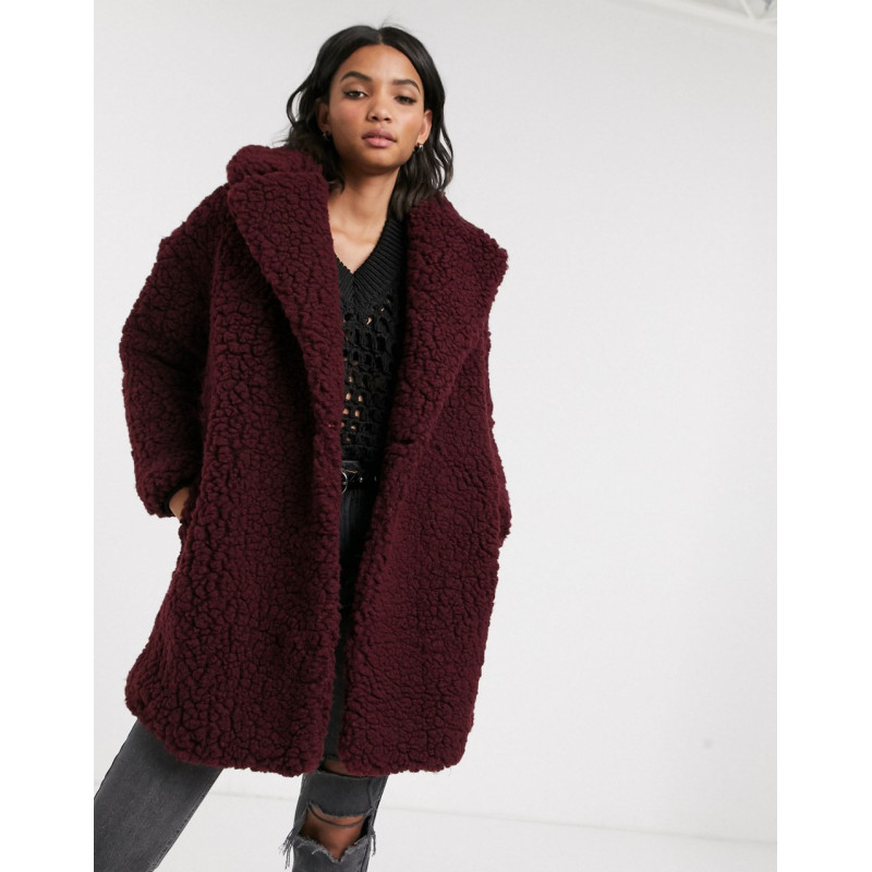 Topshop borg coat in burgundy