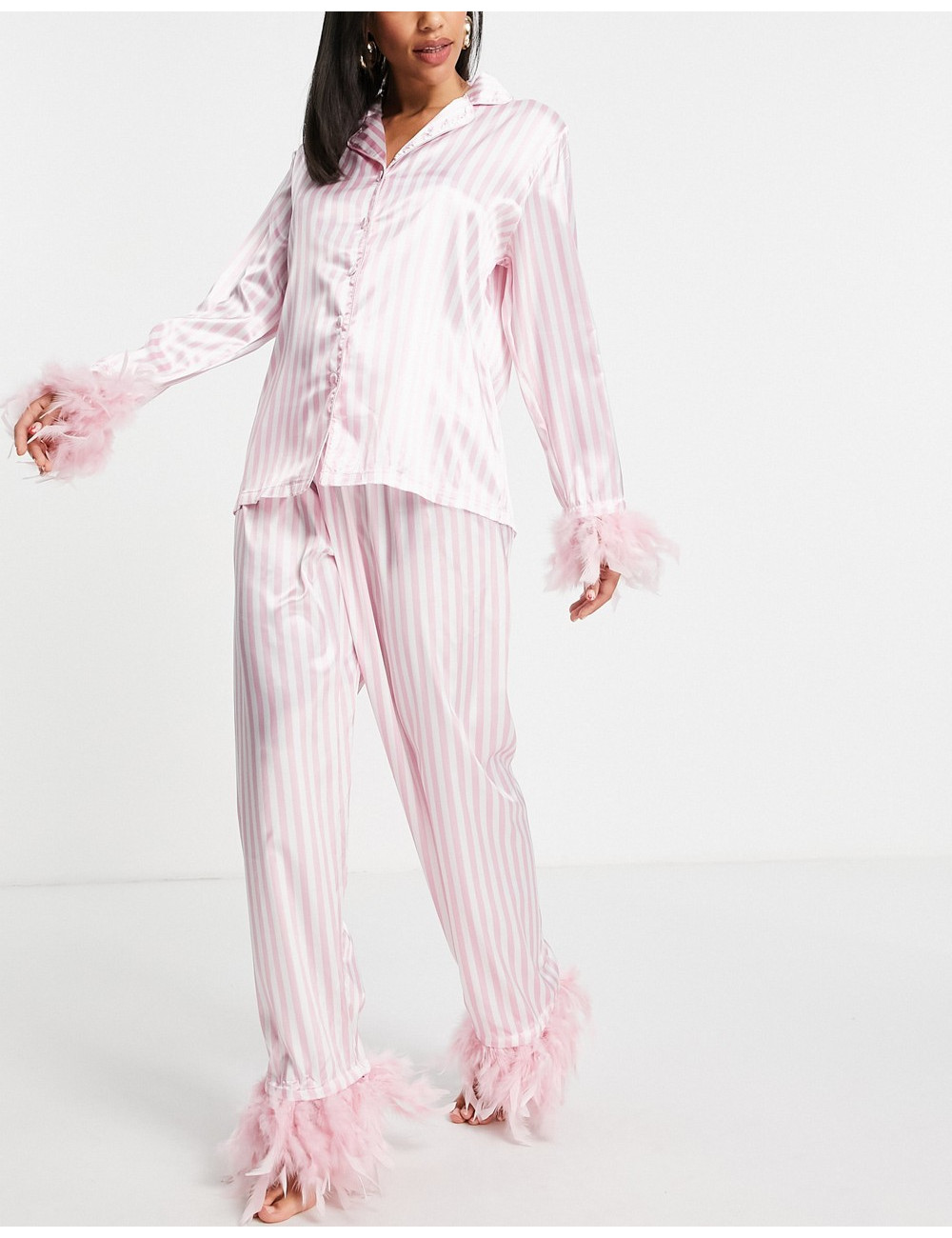 Night Maternity satin pajamas with detachable faux feather trim in